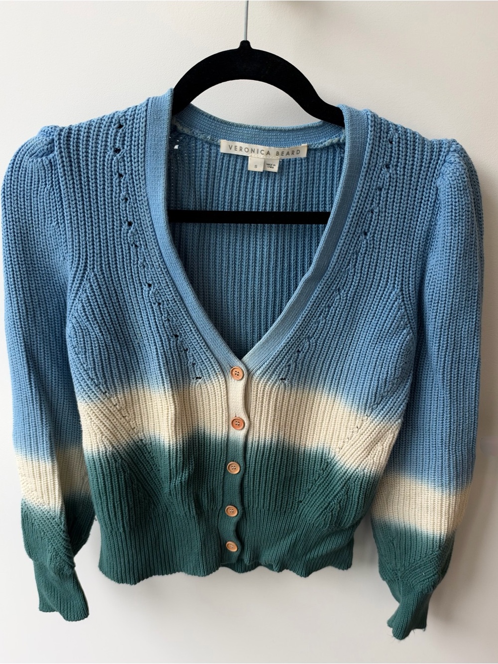 Veronica Beard Blue Cream Green Ombre Ribbed Button Cardigan